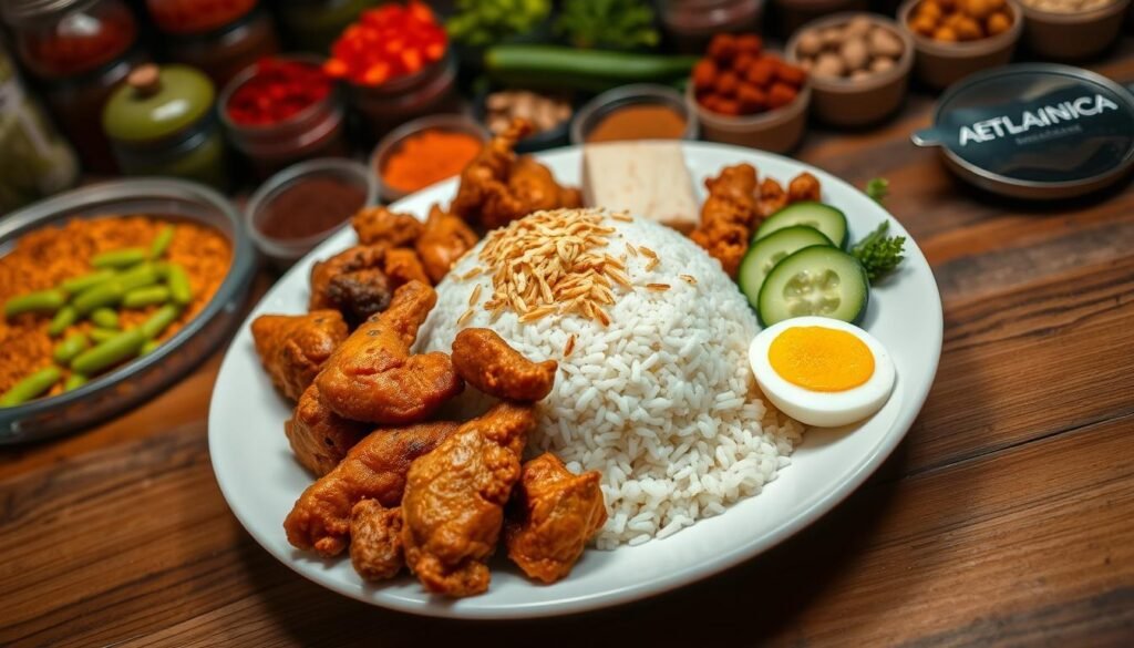 A beautifully arranged plate of Nasi Uduk Betawi, showcasing fragrant coconut rice topped with a sprinkle of fried shallots. Surround the rice with traditional accompaniments: tender fried chicken, crispy tempeh, and boiled egg, all artfully garnished with fresh cucumber and tomato slices. In the background, a vibrant Indonesian market setup with colorful spices and fresh produce enhances the scene. Soft, warm lighting creates an inviting ambiance, highlighting the textures and colors of the dish. Capture in a slight overhead angle to emphasize the presentation while maintaining focus on the delicious details. The atmosphere is lively and comforting, inviting viewers to experience the rich culinary heritage of Betawi.