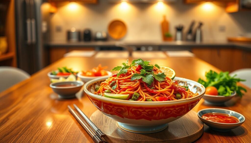 A beautifully arranged plate of spicy noodles presented in an elegant, modern setting. The foreground features a large, vibrant bowl of steaming hot, red chili-infused noodles, garnished with fresh herbs and slices of lime for a pop of color. Surrounding the bowl are colorful and aesthetically pleasing side dishes, like pickled vegetables and a small dish of spicy sauce. In the middle ground, there’s a gleaming wooden table adorned with rustic chopsticks and a fork, creating a hearty atmosphere. The background displays softly blurred kitchen elements, hinting at a cozy cooking space, with warm, inviting lighting that creates a hunger-inducing glow. The overall mood is lively yet inviting, perfect for a culinary showcase of spicy noodle presentation.