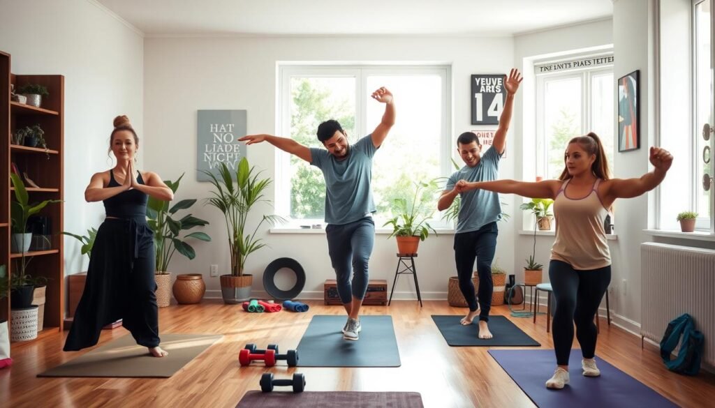 A bright and inviting home workout space, featuring a sunlit room with a large window showcasing greenery outside. In the foreground, a diverse group of individuals (one woman, one man, and a teenager) are engaged in various exercises—yoga poses, light weights, and stretching, all wearing comfortable and modest athletic wear. The middle ground includes exercise mats, dumbbells, and resistance bands thoughtfully arranged. In the background, houseplants and motivational posters adorn the walls, creating a vibrant atmosphere. Soft, natural lighting illuminates the scene, enhancing the positive and energetic mood. The angle captures a dynamic view of the participants, emphasizing movement and focus in their workout routine.