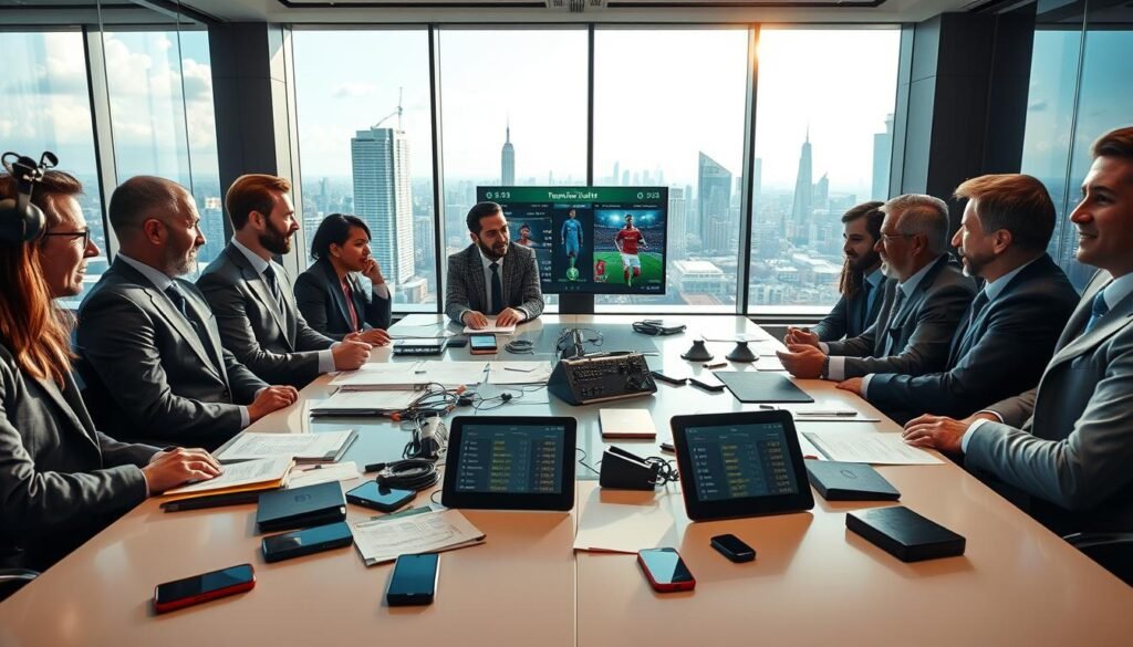 A bustling soccer transfer market scene set in a modern sports office. In the foreground, a diverse group of well-dressed sports agents are animatedly discussing player contracts over a sleek conference table strewn with documents, smartphones, and a digital tablet displaying player stats. In the middle ground, a large digital screen showcases the latest player transfers, highlighting key stats with a dynamic display. The background features a panoramic view of a vibrant city skyline through large windows, with natural light streaming in, creating an upbeat and energetic atmosphere. Use a wide-angle lens perspective to capture the excitement of the scene, with warm lighting to enhance the mood of anticipation and opportunity in the world of soccer transfers.