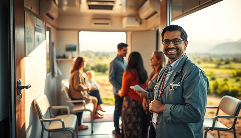 A compassionate mental health specialist, Dr. Insan Sarami, stands in a mobile clinic designed for post-disaster psychological support. In the foreground, the doctor, dressed in professional attire, is engaging warmly with a small group of diverse, approachable individuals seeking assistance. The middle ground features the mobile clinic, equipped with mental health resources, such as counseling chairs and informational pamphlets. In the background, a serene outdoor setting reflects the location of Bener Meriah, with lush greenery and distant mountains under soft daylight, creating a calm atmosphere. The overall mood is supportive and hopeful, with warm, inviting lighting that emphasizes compassion and community healing. Use a slight angle to capture depth, revealing the inviting interior of the clinic through an open door.
