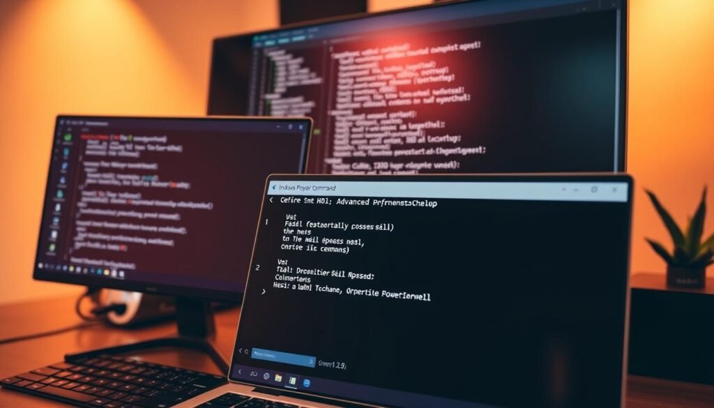 A computer desktop displaying the Command Prompt and Windows PowerShell windows, focused on advanced cleanup commands. In the foreground, the Command Prompt window shows clear, legible text with commands highlighted, while the PowerShell window is positioned slightly behind to the left, also displaying code for file cleanup. The background features a modern workspace with a sleek monitor, a stylish keyboard, and a soft glow from ambient lighting, casting a professional atmosphere. The scene is viewed from a high angle to capture the computer interface clearly, with warm tones enhancing the mood of efficiency and productivity. No people are present in the scene, ensuring a clean, technical focus on the software tools.