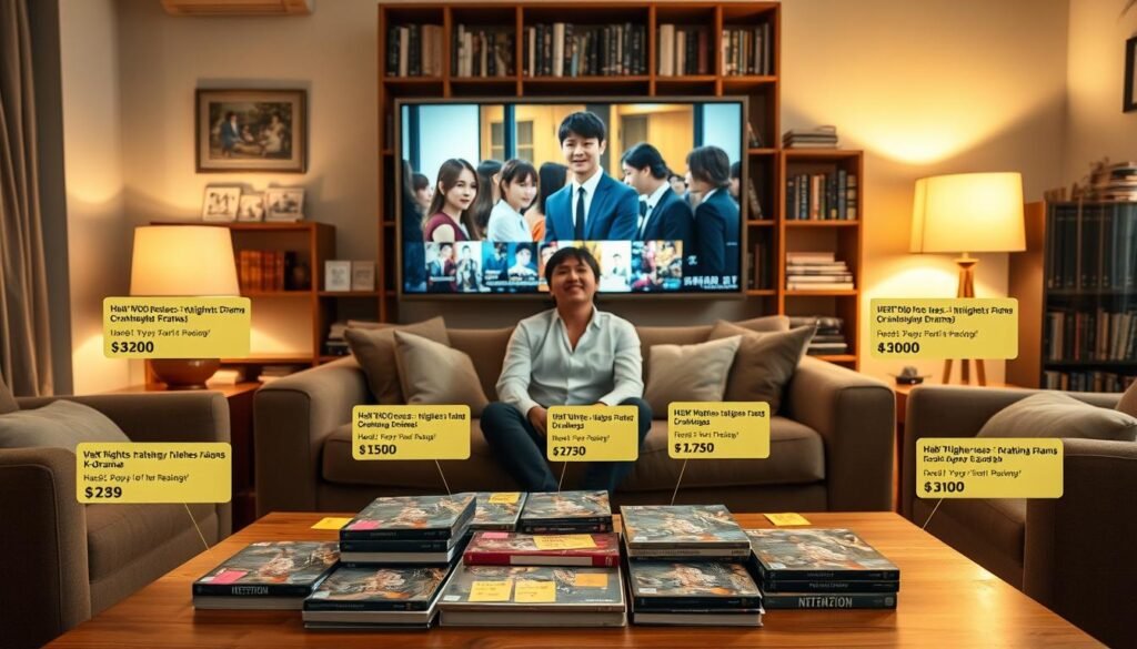 A cozy and inviting living room scene centered on a large television displaying a popular Korean drama. In the foreground, a neatly arranged coffee table filled with DVDs of highest-rated K-dramas, surrounded by glowing reviews and ratings displayed on colorful sticky notes. A comfortable sofa in the middle ground is adorned with plush cushions, where a person dressed in smart casual attire joyfully watches the screen. The background features a bookshelf filled with drama merchandise, inviting ambiance with warm lighting from a lamp, creating a sense of excitement and discovery. The overall mood conveys an atmosphere of enthusiasm and enjoyment, focusing on the experience of selecting quality K-dramas based on ratings and reviews.