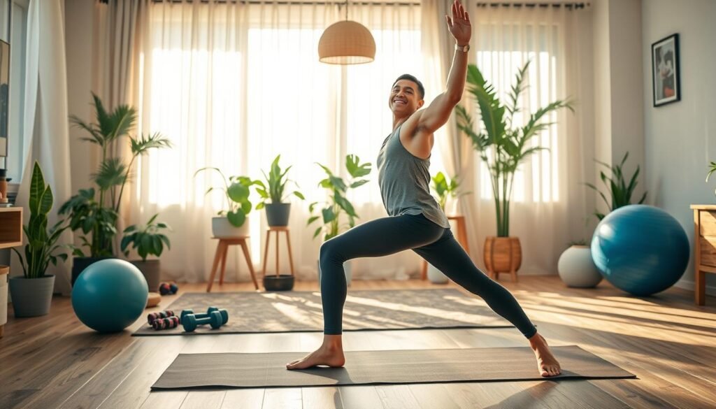 A cozy home fitness scene showcasing the incredible benefits of exercising at home for health. In the foreground, a cheerful man in comfortable athletic wear is performing yoga on a mat, demonstrating balance and mindfulness. In the middle ground, there are various exercise equipment such as dumbbells and a yoga ball, emphasizing a versatile workout environment. The background features a sunlit living room with indoor plants, creating a refreshing and inviting atmosphere. Soft sunlight filters through sheer curtains, casting a warm glow, enhancing the overall positive vibe. The composition should reflect a sense of serenity and motivation, inspiring viewers to embrace home workouts for a healthier lifestyle.