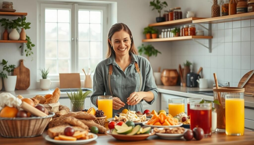 A cozy, inviting home kitchen scene showcasing various food and beverage business opportunities. In the foreground, a well-organized table features an array of delectable homemade dishes, such as artisanal bread, colorful fruits, and refreshing beverages in appealing glassware. The middle layer presents an entrepreneur, a woman in modest casual attire, carefully arranging her products for presentation, exuding confidence and warmth. In the background, soft natural light filters through a window, illuminating shelves filled with jars of homemade preserves and plants, creating a lively, motivational atmosphere. The overall mood is one of creativity and industriousness, inspiring viewers about the potential of running a successful food business from home.