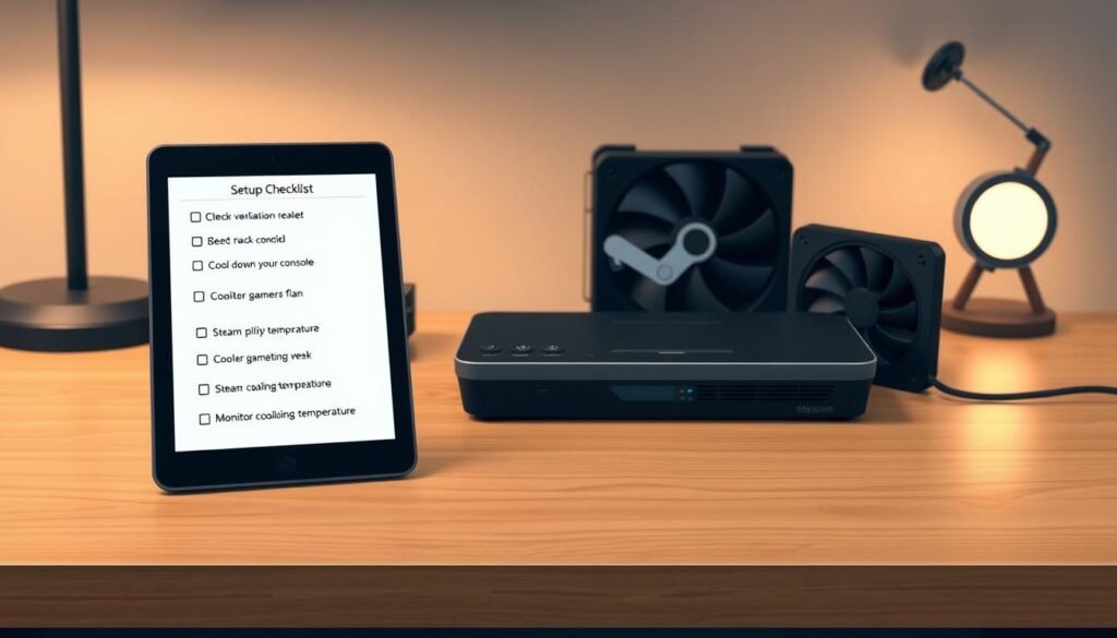 A detailed gaming setup checklist illustrated on a clean, wooden desk, with a well-organized arrangement. In the foreground, a digital tablet displays the checklist, with items like "Check ventilation", "Cool down your console", and "Monitor gameplay temperature" clearly visible. In the middle ground, a Steam Deck is positioned beside an external cooling fan, demonstrating the gaming gear. The background features soft, ambient lighting from a nearby lamp, casting a warm glow that enhances the focused atmosphere. The scene conveys a sense of preparation and focus, ideal for gamers looking to delve into their experience without overheating issues. The angle is slightly elevated, capturing both the checklist and gaming equipment harmoniously.