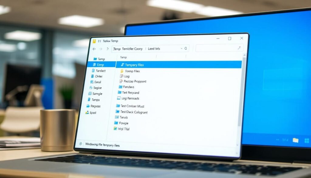 A detailed view of a Windows folder labeled "Temp", filled with various temporary files and recognizable file icons such as .tmp and .log files. The foreground features an open folder window displayed on a sleek Windows desktop, with the blue taskbar in the background. The middle ground includes desktop elements like a recycle bin and a few application icons. The lighting is bright, with a soft glow emanating from the screen, creating a clean and professional workspace atmosphere. The backdrop is a blurred office environment, giving a sense of focus on the folder. The angle captures the screen at a slight tilt, emphasizing the action of cleaning up temporary files. The overall mood reflects productivity and clarity, inviting users to engage in file management.