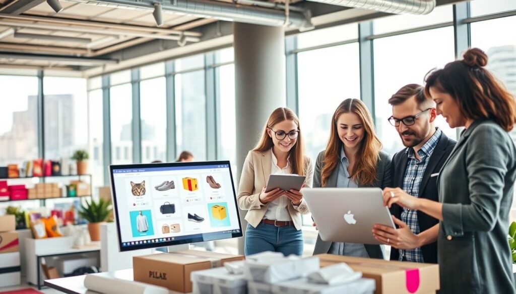 A dynamic e-commerce scene showcasing a successful online business. In the foreground, a diverse group of professionals in smart casual attire collaborates over a laptop, analyzing sales data. The middle ground features a sleek, modern workspace with vibrant product displays, packing materials, and a digital screen showing engaging product images. In the background, large windows reveal a bustling cityscape, symbolizing the thriving digital marketplace. Soft, natural light pours in, creating an inviting and energetic atmosphere, while a shallow depth of field focuses on the team’s engagement and interaction. This composition captures the essence of profitable e-commerce opportunities in the digital era.