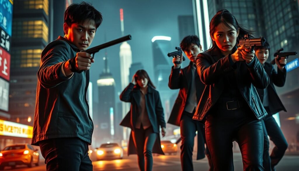 A dynamic scene showcasing a group of action heroes from high-rated Korean dramas, positioned in an intense standoff. In the foreground, a male protagonist in stylish yet modest attire stands confidently, wielding a sleek weapon, while a female lead with determined eyes prepares for action beside him. The middle ground features a tense cityscape with dramatic lighting, showcasing modern skyscrapers and neon lights reflecting the night atmosphere. The background hints at a bustling urban environment with shadows and movement, suggesting a chase or imminent action. The scene is lit with cinematic flair, incorporating vibrant contrasts and shadows to evoke excitement and anticipation, while the overall mood is tense and thrilling, representing the essence of the best Korean action dramas.