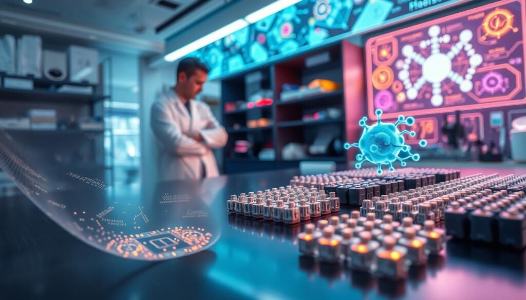 A futuristic laboratory setting bustling with innovation, focusing on nanosensors and nanofilms. In the foreground, a transparent nanofilm is stretched taut over a sleek surface, showcasing intricate patterns and circuitry embedded within; each detail glistens under soft, ambient lighting. Nearby, an array of nanosensors designed for advanced detection and analysis is prominently placed, subtly illuminated to highlight their complex architecture. In the middle ground, a scientist in a white lab coat examines a holographic display of molecular structures, encapsulating a sense of cutting-edge research. The background features shelves filled with advanced equipment and colorful scientific diagrams on the walls, creating a vibrant yet focused atmosphere of technological advancement and discovery. The camera angle is slightly tilted, providing a dynamic perspective that enhances the sense of depth in this innovative environment.