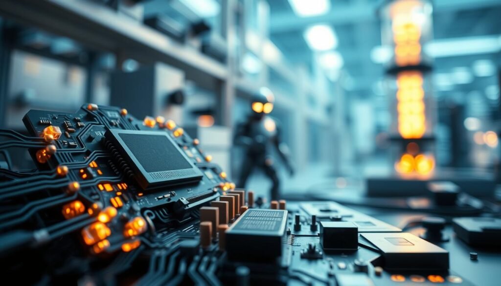 A highly detailed close-up view of a nano semiconductor device, intricately designed with interwoven circuits and microcomponents, set against a softly lit laboratory environment. The foreground features magnified elements of the semiconductor, showcasing glowing connections and crystalline structures. In the middle ground, a sleek nanobot can be seen, working seamlessly alongside the semiconductor, with a faint glow emanating from its sensors. The background is filled with blurred laboratory equipment, creating an atmosphere of advanced technology and innovation. The lighting is cool and clinical, emphasizing the precision and futuristic nature of nano technology. The angle is slightly tilted to give depth and enhance the intricate details of the devices. The overall mood conveys a sense of cutting-edge scientific discovery and the potential of nanotechnology.