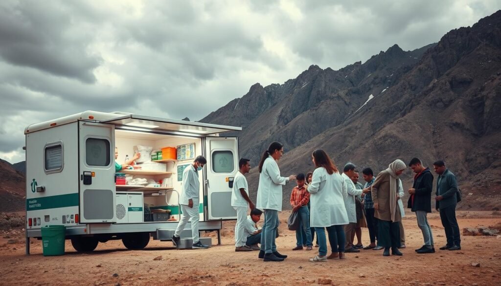 A mobile health clinic set against a rugged landscape, showcasing a team of healthcare professionals in modest casual clothing engaging with local residents. The foreground features the bright, equipped mobile clinic, with medical supplies and a welcoming atmosphere. In the middle ground, healthcare workers are assisting individuals, providing care amidst challenging terrain, illustrating a hands-on approach in a post-disaster environment. The background reveals a dramatic, mountainous landscape under a cloudy sky, adding to the sense of resilience. Soft, even lighting enhances the sense of hope and urgency, while a wide-angle perspective captures the comprehensive scene of healthcare delivery and the challenges faced. The overall mood reflects determination and compassion in the face of adversity.