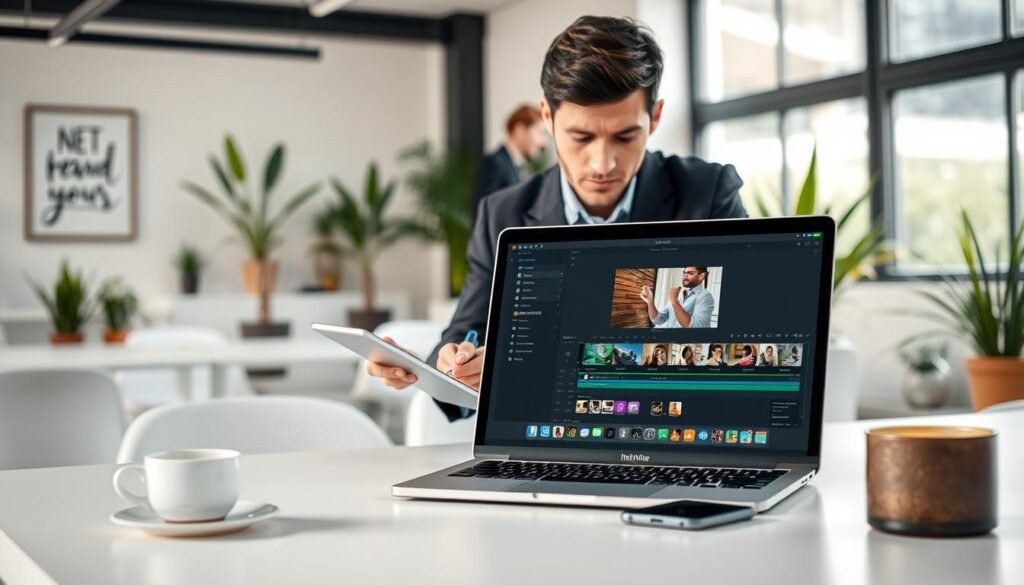 A modern and sleek workspace with a laptop open, displaying an intuitive AI video editing software interface. In the foreground, a professional in business casual clothing is focused on the screen, taking notes on a digital tablet. The middle ground features various editing tools, such as visual effects icons and timelines visible on the laptop, along with a cup of coffee and a smartphone. The background shows a bright, airy office environment with potted plants and motivational artwork on the walls. Soft, natural lighting filters through large windows, creating a warm and inviting atmosphere, evoking a sense of productivity and creativity in video editing.
