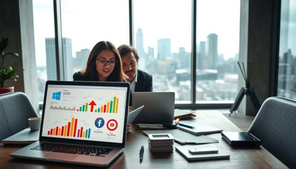 A modern digital marketing consultancy scene featuring a professional businesswoman and businessman collaborating over a laptop in a stylish, contemporary office environment. The foreground shows the laptop highlighting colorful graphs and social media icons. In the middle, the duo discusses strategies, with notepads and digital devices scattered around. The background reveals large windows with a city skyline, allowing natural light to illuminate the space, creating a warm and inspiring atmosphere. Soft shadows accentuate their focused expressions while maintaining a sense of professionalism. The mood is energetic and innovative, reflecting the dynamic nature of digital marketing and online consulting. The lens is at eye level, capturing both individuals in a medium shot that emphasizes teamwork and creativity.