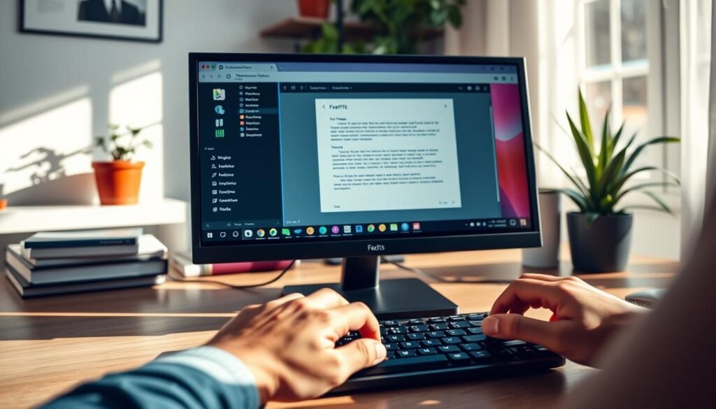 A modern digital workspace featuring a sleek computer desktop setup showcasing the FreeTTS interface, with vibrant colors reflecting a user-friendly experience. In the foreground, there are hands typing on the keyboard, emphasizing interaction with the software. In the middle, the screen displays a clear and organized text-to-speech converter, with visual cues illustrating the conversion process. The background features soft-focus elements like books and a potted plant, creating a warm, inviting atmosphere. Natural light streams in from a window, casting gentle shadows that enhance the professionalism of the scene. The overall mood is productive and creative, ideal for illustrating innovative technology in action.