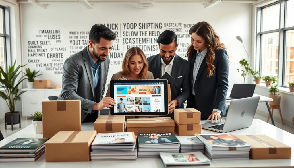 A modern e-commerce workspace showcasing dropshipping opportunities. In the foreground, a diverse group of three professionals, dressed in smart, casual business attire, collaborate over a digital tablet displaying a vibrant e-commerce website. In the middle, an organized desk filled with shipping boxes, laptops, and product catalogs outlines the essence of dropshipping. The background presents a well-lit, minimalist office space featuring a wall of motivational quotes and plants, symbolizing growth and innovation. Soft natural light streams through large windows, creating an inviting, positive atmosphere. The overall mood is energetic and forward-looking, encapsulating the dynamic essence of digital business ventures.