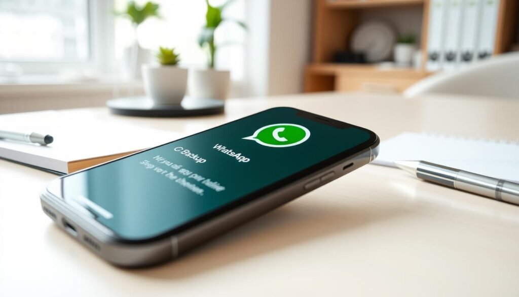 A modern iPhone displaying the WhatsApp interface on its screen, with the “Backup” option highlighted prominently. In the foreground, a clean and stylish workspace is shown, featuring the iPhone on a sleek wooden desk with a light-colored background. Soft, natural lighting illuminates the scene, creating a calm and inviting atmosphere. On the desk, a few office supplies like a notepad and a pen are neatly arranged, reinforcing the professional environment. In the background, a blurred indoor setting, such as a well-organized home office, suggests productivity and focus. The angle of the shot is slightly above eye level, offering a clear view of the iPhone and its features, while the depth of field keeps the emphasis on the device and its screen content.