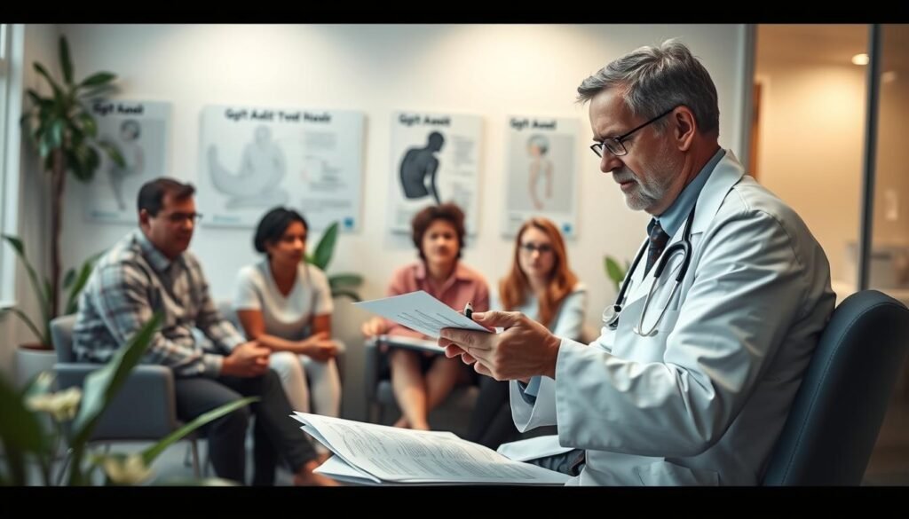 A modern medical setting depicting a consultation about high uric acid treatment. In the foreground, a focused physician in professional attire, wearing a white lab coat, is examining medical charts with a pen. The middle ground features a diverse group of patients, engaged and attentive, showing expressions of concern and hope, sitting around a well-organized consultation room with medical posters about gout treatment on the walls. In the background, a soothing, well-lit environment with plants and medical equipment enhances the atmosphere of care and professionalism. The lighting is bright but soft, creating a warm and welcoming ambiance that emphasizes trust and healing. The angle captures the doctor’s interaction with the patients, highlighting the importance of communication in medical treatment.