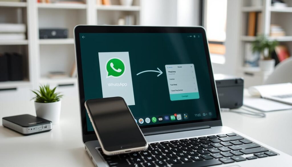 A modern workspace featuring a sleek laptop displaying a WhatsApp interface, with a graphic representation of data being transferred from a smartphone to the computer. In the foreground, the laptop keyboard and the smartphone are visible, emphasizing the action of backing up chats. The middle ground includes a clean desk with a plant and an external hard drive, suggesting data storage. The background features softly blurred shelves with office supplies, creating a professional atmosphere. Natural lighting streams in from a nearby window, casting gentle highlights. The mood is focused and reassuring, indicating a seamless digital experience. No people are present in the image, ensuring a clean, distraction-free composition.