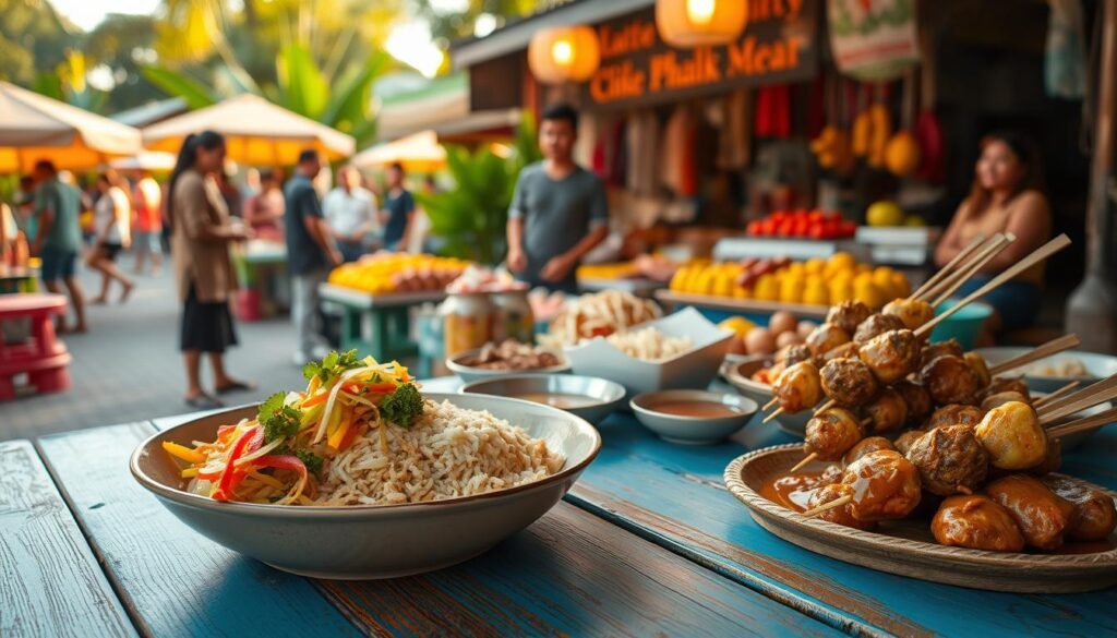 A picturesque scene depicting the best culinary destinations in Indonesia, featuring an array of traditional dishes artfully arranged on a vibrant wooden table. In the foreground, a steaming bowl of nasi goreng garnished with colorful vegetables, next to skewers of satay with a rich peanut sauce. The middle ground showcases lively street vendors with stalls filled with tropical fruits and local delicacies, attended by friendly vendors in modest casual clothing. In the background, lush greenery and bustling market activity create a welcoming atmosphere. The lighting is warm and inviting, reminiscent of golden hour, enhancing the rich colors of the food and the joyful expressions of the people. Shot from a slight low angle to emphasize the abundance of flavors, capturing the essence of Indonesia’s culinary culture.