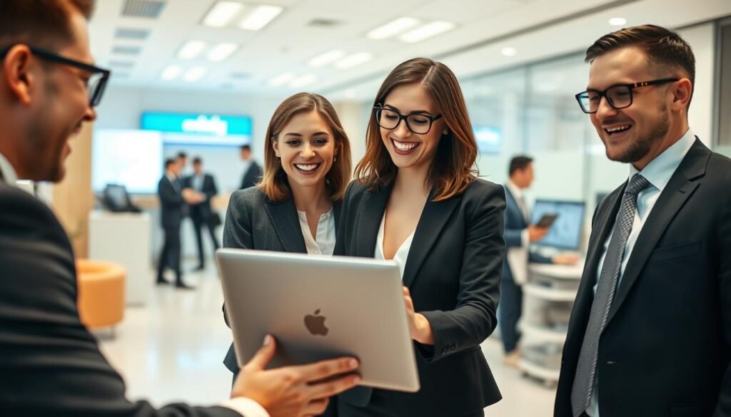 A professional and engaging office scene depicting a dynamic bank environment. In the foreground, a diverse group of three employees—two men and one woman—in elegant professional attire, smiling as they excitedly discuss a viral video on a laptop screen. The woman has shoulder-length hair and wears a tailored blazer, while one man sports glasses and a smart tie, and the other has neatly combed hair. The middle ground captures a bright and modern bank interior with sleek furniture and glass partitions. In the background, hints of banking activity can be seen, such as friendly customers and staff at work. Soft lighting creates an inviting atmosphere, with a focus on engaging expressions to emphasize the excitement of the moment. The image has a clear, crisp quality, suitable for highlighting a significant event in a professional context.