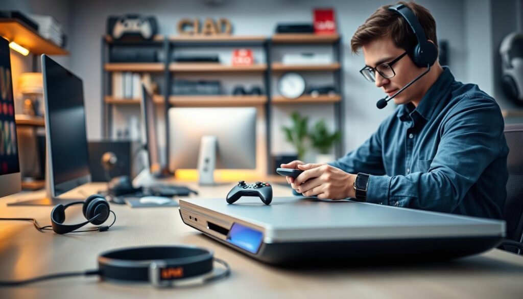 A professional gaming support scene featuring a sleek, modern Steam Deck console on a minimalist desk. In the foreground, a technician dressed in a smart, casual outfit examines the console, looking focused and attentive. The middle ground showcases detailed gaming accessories like headphones and a controller with a soft glow. The background is softly blurred, depicting an organized tech support office with shelves of game-related items and tools. Soft, warm lighting enhances the welcoming atmosphere, while the angle is slightly tilted to provide depth, capturing the technician's dedication to solving gaming issues. The overall mood conveys professionalism and expertise, ideal for a tech support setting.