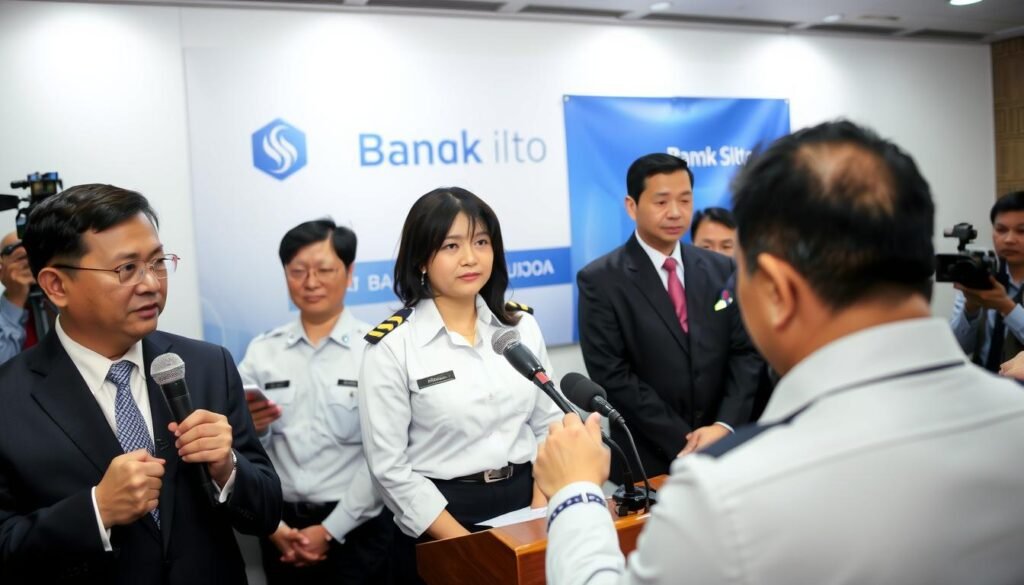 A professional press conference setting with officials from Bank Sultra and police representatives. In the foreground, a diverse group of four individuals in formal business attire: a male bank spokesperson holding a microphone, a female police officer with an expression of seriousness, and two other officials engaged in conversation, all standing at a podium. The middle ground features a backdrop displaying the Bank Sultra logo and a blue police banner, subtly lit for clarity. In the background, blurred journalists and cameras capturing the event. Soft, diffused lighting creates a serious yet approachable atmosphere, emphasizing the importance of communication and transparency. The angle should be slightly elevated to capture both the podium and the audience behind.