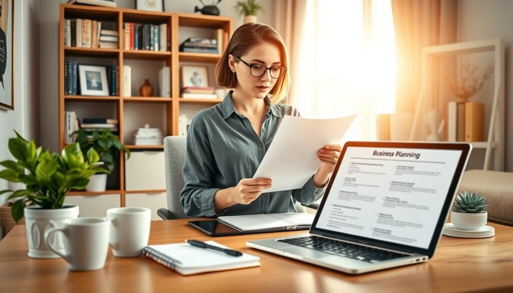 A serene home office setup reflecting the theme of selecting a home-based business. In the foreground, a cozy desk with a laptop open on a business planning document, surrounded by a notepad, coffee cup, and a small potted plant for a touch of greenery. The middle layer features a professional woman in modest casual attire, thoughtfully examining a list of potential business ideas, looking inspired and focused. The background showcases a well-organized bookshelf filled with business books and inspirational decor, bathed in warm, natural light streaming through a nearby window. The atmosphere is inviting and motivating, encouraging creativity and productivity in the pursuit of the right home business venture.