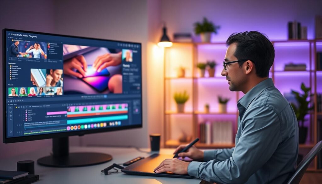 A sleek and modern workspace featuring a high-resolution display showcasing Adobe Premiere Pro's interface with vibrant editing tools and AI features prominently visible. In the foreground, a professional video editor, dressed in smart casual attire, intently focuses on the screen, using a graphics tablet. The middle ground illustrates various video editing elements like timelines, color grading panels, and AI-enhanced features, illuminated by a warm, inviting light. The background contains soft-focus shelves with video editing books and plants, creating an inspiring atmosphere. The overall mood is creative and cutting-edge, emphasizing the power and sophistication of AI in video editing. Use a wide-angle lens to capture the depth of the workspace and a soft bokeh effect in the background for emphasis.