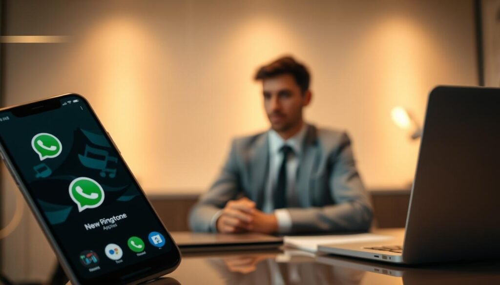 A smartphone displaying the WhatsApp interface prominently in the foreground, with a vibrant notification indicating a new ringtone applied. The screen shows visual elements representing Google Assistant audio files, capturing the essence of sound customization. In the middle ground, a person dressed in professional business attire is sitting at a sleek desk, engaged in the process of selecting and applying ringtones. Soft ambient lighting enhances the modern office setting, with warm tones creating a productive atmosphere. The background features subtle hints of technology—like a laptop and digital notes—suggesting a focused work environment. The composition should evoke a sense of clarity and efficiency in using technology. No text overlays or branding elements are included.