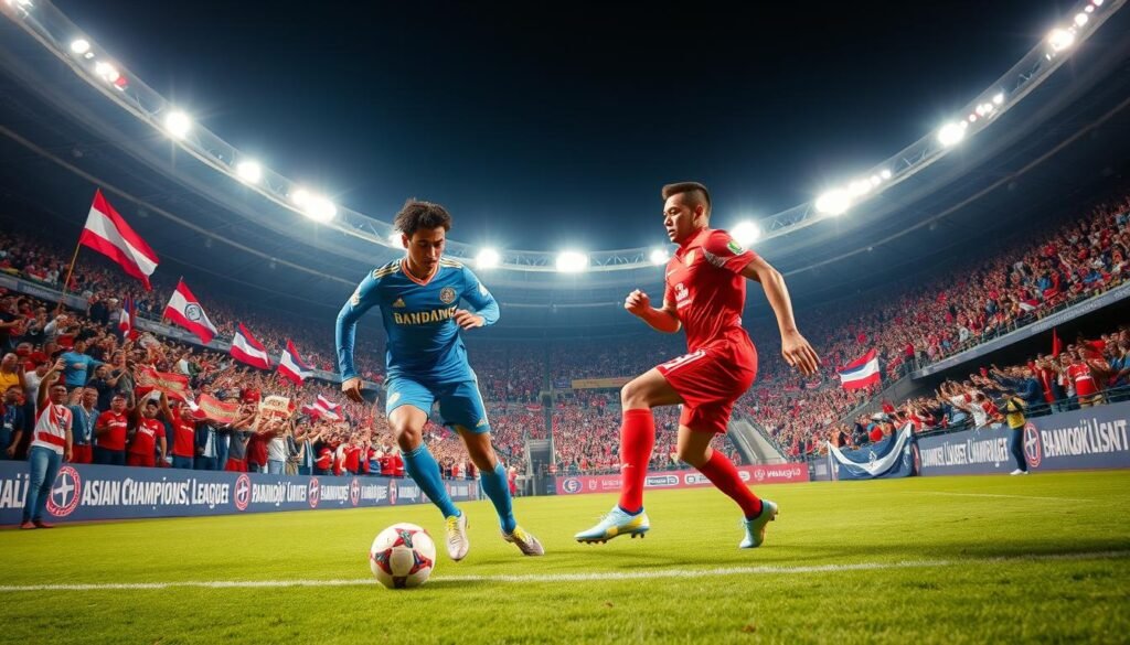 A thrilling football match between Persib Bandung and Bangkok United, set in a vibrant stadium packed with enthusiastic fans. In the foreground, two players are in action; one from Persib wearing a crisp blue uniform, skillfully dribbling the ball, while a player from Bangkok United in a striking red kit is poised to defend. The middle ground features the roaring crowd waving flags and holding banners, embodying the electric atmosphere of a decisive Asian Champions League match. In the background, the stadium lights illuminate the night sky, creating a dynamic ambience. The shot is taken from a low angle to emphasize the intensity of the game, with dramatic lighting accentuating the players' focused expressions and the vibrant colors of their kits. The scene should evoke excitement and anticipation.