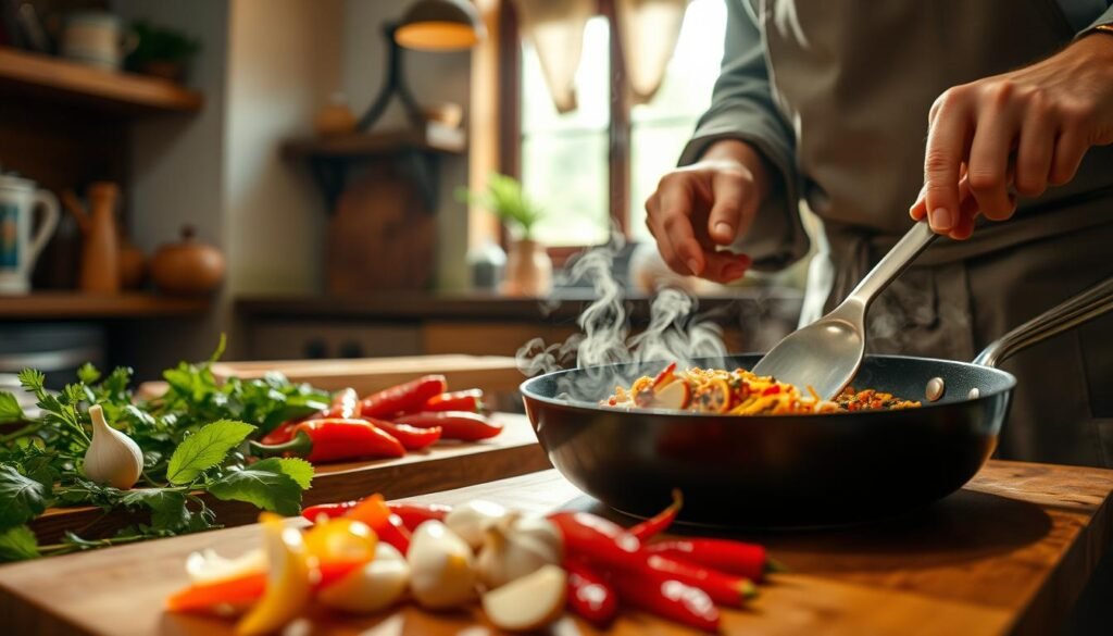 A vibrant kitchen scene showcasing the process of sautéing spices for a special spicy noodle recipe. In the foreground, focus on a seasoned chef in a simple, modest apron, skillfully stirring a colorful mix of spices in a hot pan, releasing aromatic wisps of steam. The middle ground features an array of fresh ingredients: sliced chili peppers, garlic cloves, and herbs, all displayed on a wooden cutting board. In the background, a warm, rustic kitchen is illuminated by soft, natural light filtering through a window, creating an inviting atmosphere. The camera angle is slightly tilted downwards, capturing the dynamic movement of the chef's hands in action. Emphasize the vibrant colors and textures of the spices and ingredients, enhancing the essence of cooking and flavor.