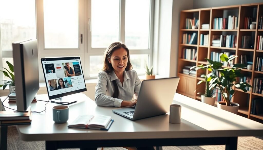 A vibrant scene depicting online education opportunities, set in a modern, well-lit home office. In the foreground, a professional young adult wearing business casual attire sits at a sleek desk, engaged with a laptop displaying an interactive learning platform. On the desk, books, a notepad, and a cup of coffee create a productive atmosphere. In the middle, a large window reveals a sunny outdoor view, enhancing the positivity of remote learning. The background features a bookshelf filled with educational resources and a potted plant, emphasizing a fresh, stimulating environment. Soft natural light streams in, casting gentle shadows and creating a warm, inviting mood. The angle is slightly elevated, offering a comprehensive view of the workspace, highlighting the fusion of technology and education in the digital era.