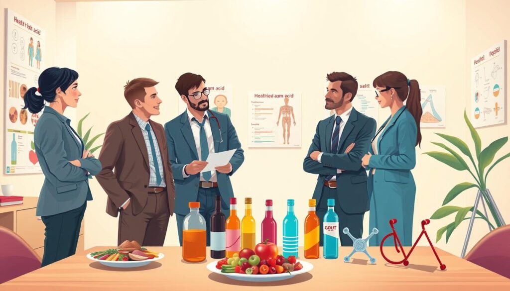 A visually compelling illustration depicting the risk factors associated with high uric acid levels (faktor risiko asam urat). In the foreground, a diverse group of three professionals—two men and one woman—dressed in smart casual attire, are discussing health-related charts and graphs focusing on uric acid levels. In the middle ground, a table displays various risk factors represented by colorful icons: a plate of rich foods, alcohol bottles, and exercise equipment, symbolizing diet, lifestyle, and genetics. The background features a softly lit doctor's office with medical posters about gout and uric acid, creating an informative and engaging atmosphere. The lighting is warm and inviting, emphasizing a sense of awareness and education. The angle is slightly above eye level, giving a perspective of involvement in a meaningful conversation.