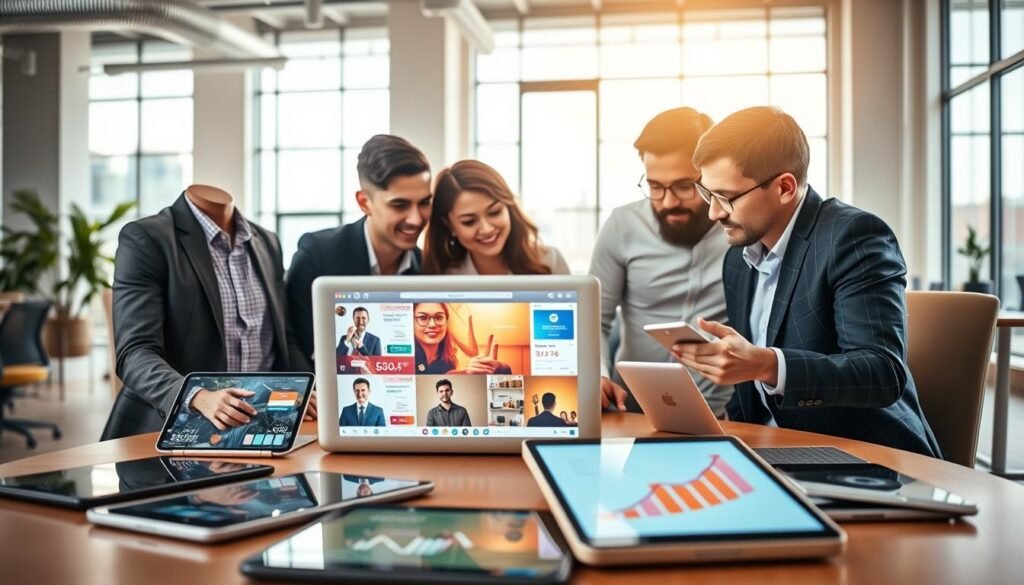 A visually striking representation of successful online business themes. In the foreground, a diverse group of three professionals, a woman and two men, are engaged in a discussion around a sleek laptop, showcasing a vibrant digital marketplace interface. They wear smart casual attire, exuding a sense of collaboration and enthusiasm. The middle ground features an array of digital devices like tablets and smartphones, displaying graphs and charts that indicate growth and profitability. In the background, a modern, stylish office space with large windows allows natural light to flood in, creating a bright, motivating atmosphere. Incorporate warm, inviting colors to enhance the mood of optimism and success. The composition is slightly angled to draw the viewer's eye toward the interaction, emphasizing the dynamic nature of online business.
