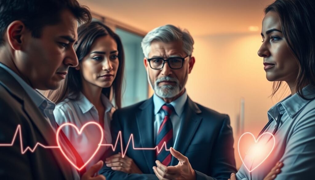 A close-up image showcasing subtle but significant heart-related symptoms often overlooked. In the foreground, a diverse group of three individuals of varying ages and ethnicities, dressed in professional business attire, are discussing health concerns, with worried yet thoughtful expressions. In the middle ground, visual cues represent symptoms such as fatigue, shortness of breath, and mild chest discomfort, expressed through visual metaphors like a faint heart monitor or a fragile heart shape glowing softly. The background should depict a well-lit, modern medical office, with warm, inviting lighting that conveys a sense of care and urgency. The overall mood is one of awareness and urgency, emphasizing the importance of recognizing these overlooked signs for heart health. The angle is slightly elevated, capturing the group in conversation while focusing on their concerned expressions.