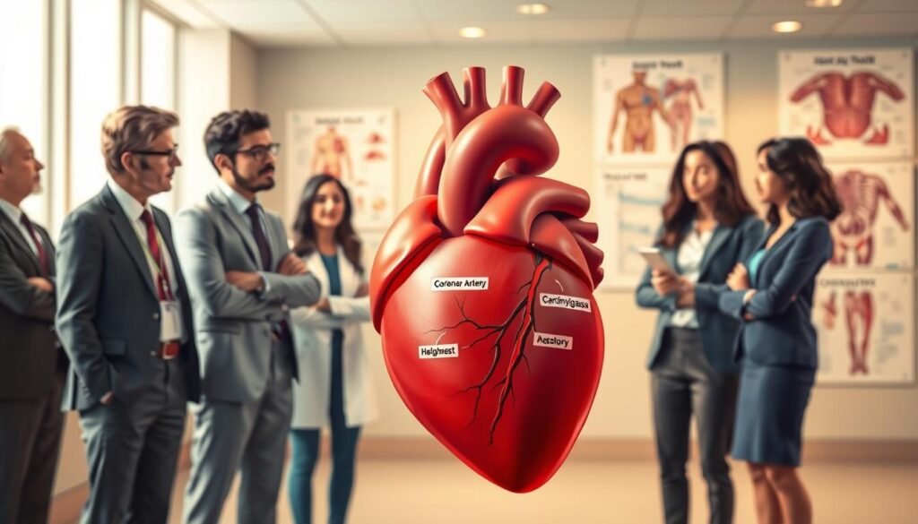 A detailed and informative illustration depicting various types of heart diseases. In the foreground, place a human heart showcasing different conditions (e.g., coronary artery disease, heart valve disease, cardiomyopathy) with labels indicating each condition. In the middle ground, feature a diverse group of people, dressed in professional business attire, discussing heart health, with expressions of concern and engagement. The background should include a soft-focus hospital environment, enriched with medical charts and anatomy posters about heart diseases. Use warm, soft lighting to create an informative yet calm atmosphere. The angle should be slightly elevated, capturing both the heart and the people in discussion. The overall mood should evoke awareness and education about heart health without any text or overlays.