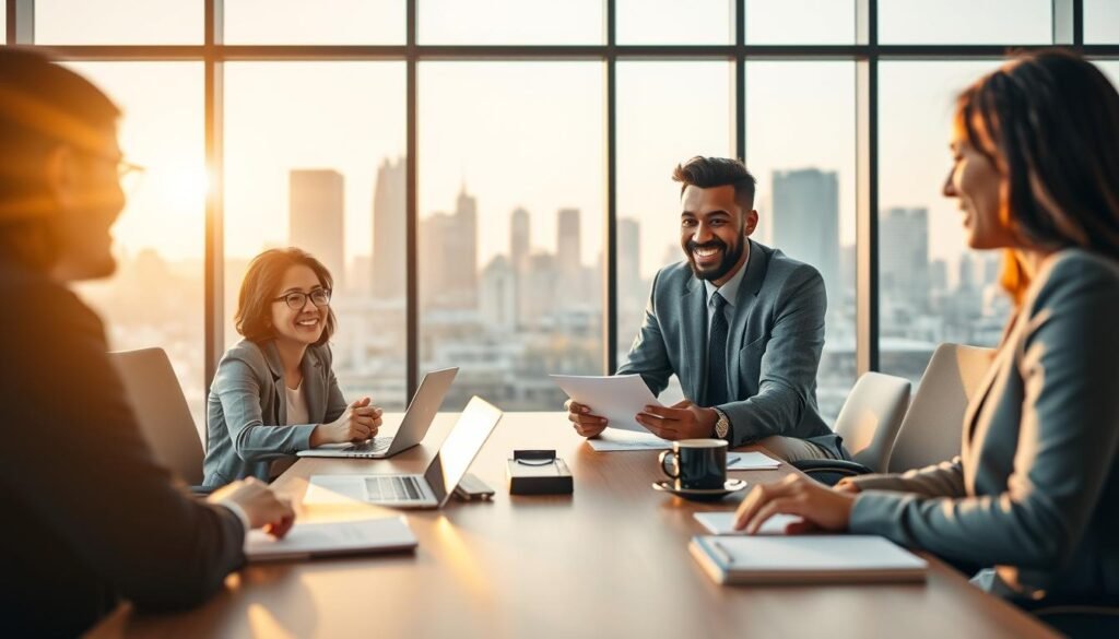 A professional business meeting scene illustrating a long-term relationship with clients. In the foreground, a diverse group of three professionals—a middle-aged Asian woman, a young Black man, and a Hispanic woman—are engaged in a friendly conversation, exchanging documents and smiling. The middle ground showcases a modern conference table adorned with laptops, notepads, and fresh coffee. In the background, a large window reveals a city skyline bathed in warm afternoon sunlight, casting a soft glow that creates an inviting atmosphere. The lens captures a wide angle to emphasize the collaborative environment. The overall mood is positive and professional, reflecting trust and long-lasting loyalty between the business and its customers.