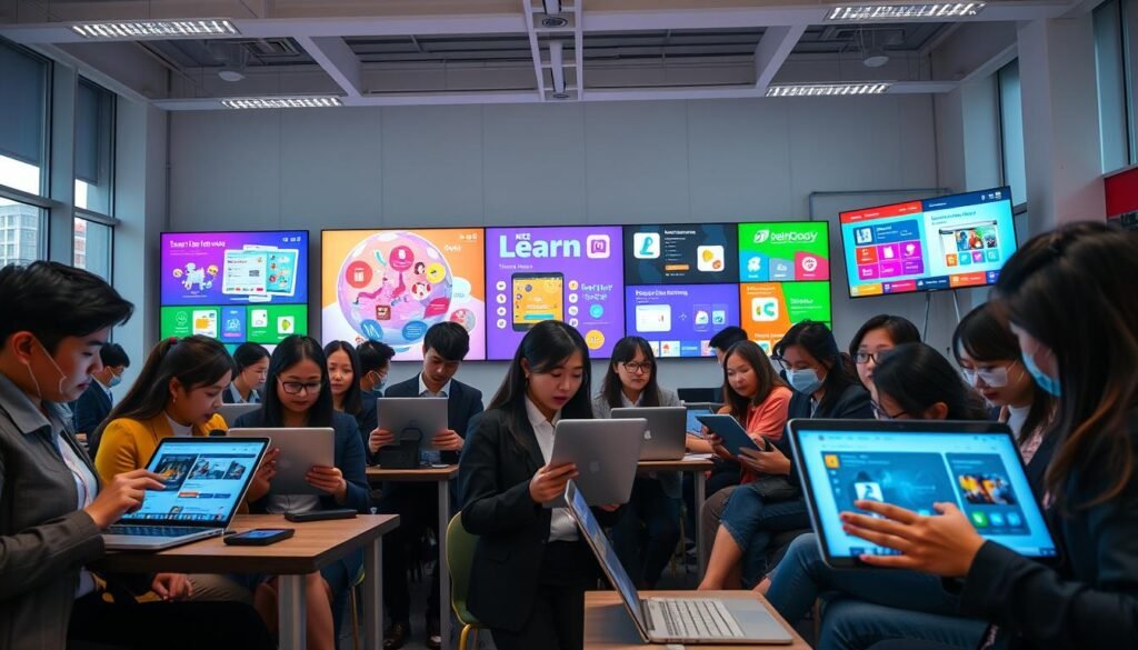 A vibrant and engaging scene depicting the best e-learning platforms in Indonesia. In the foreground, a diverse group of young adults, dressed in professional business attire, are attentively engaged with laptops and tablets, showcasing various educational apps. The middle ground features colorful digital screens displaying interactive learning interfaces and educational resources, conveying the dynamism of online learning. In the background, a bright and modern classroom environment with large windows allowing natural light to flood the space, creating an inviting atmosphere. The overall mood is energetic and inspiring, reflecting the transformative power of e-learning in contemporary education. Shot from a slightly elevated angle to capture the interaction and technologies in use, emphasizing innovation and collaboration.