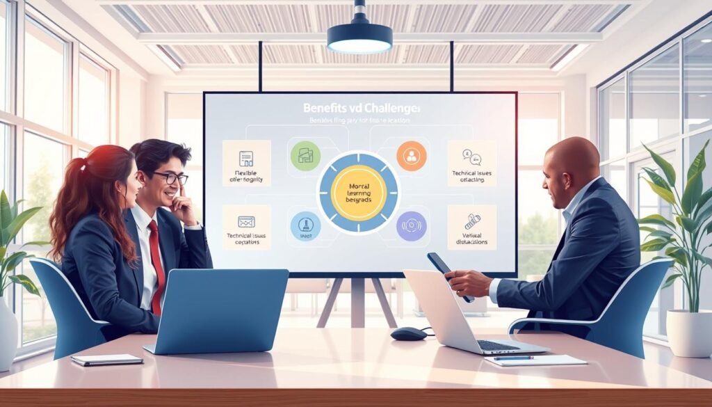 A vivid illustration depicting the benefits and challenges of digital learning in a contemporary setting. In the foreground, a diverse group of three professionals engaged in a virtual meeting, clad in business attire, showcasing collaboration through laptops and digital devices. In the middle ground, a large digital screen displays infographics highlighting key benefits like flexibility and accessibility, contrasted with challenging icons like technical issues and distractions. The background features a bright, modern office environment infused with natural light, creating an optimistic atmosphere. Use soft lighting to enhance the professional yet inviting mood, captured from a slightly elevated angle to provide a comprehensive view of the scene.